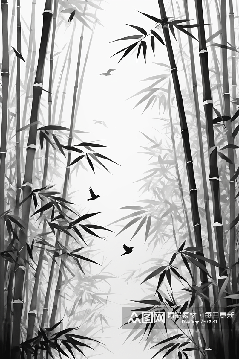 AI数字艺术中国风竹子竹林水墨意境插画素材