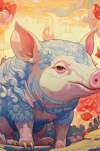 AI数字艺术栩栩如生十二生肖猪年动物插画
