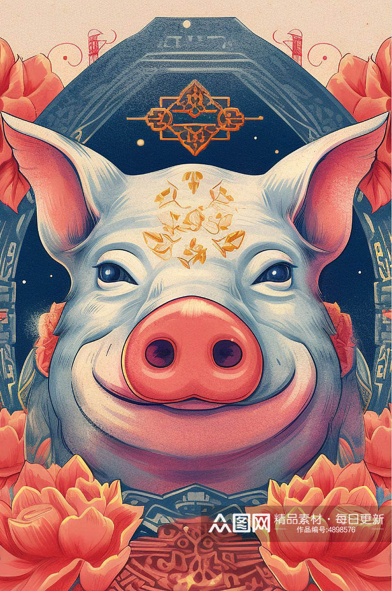 AI数字艺术精美花纹猪年动物纹样插画素材