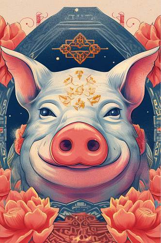 AI数字艺术精美花纹猪年动物纹样插画