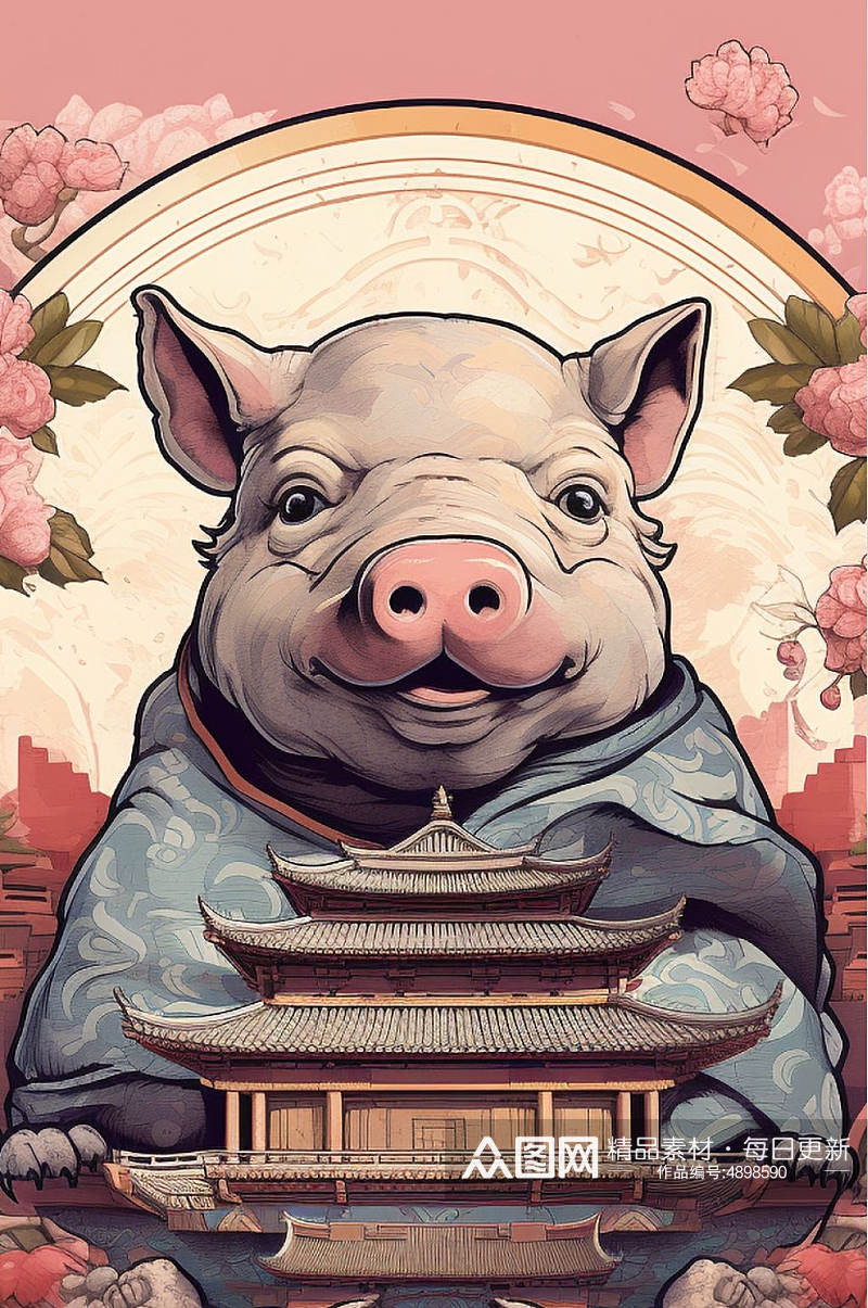AI数字艺术精美中国风花纹猪年插画素材