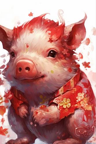 AI数字艺术精美中国风花纹猪年插画
