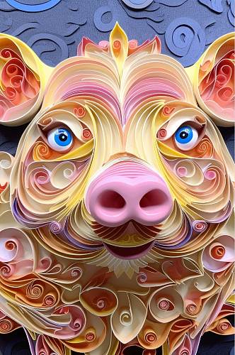 AI数字艺术精美中国风花纹猪年插画