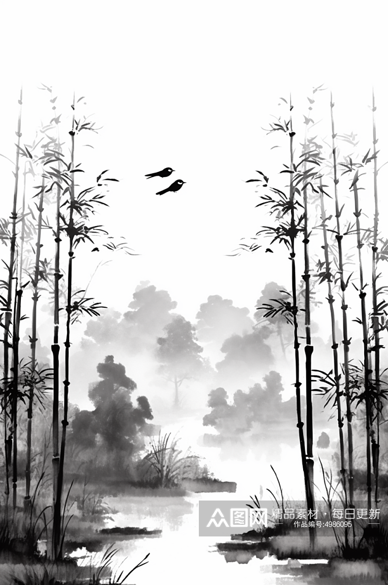 AI数字艺术中国风竹子竹林自然风景插画素材