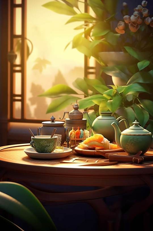 AI数字艺术手绘围炉煮茶茶壶端午节包粽子人物插画