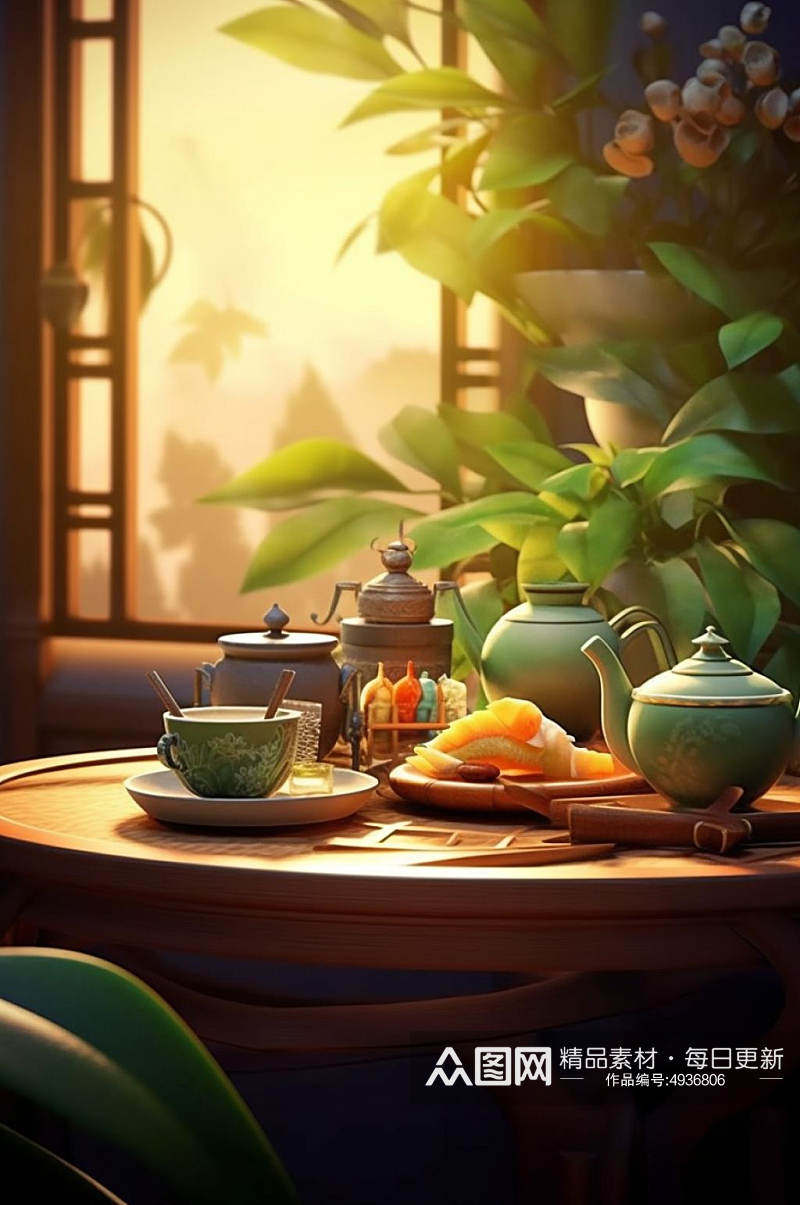 AI数字艺术手绘围炉煮茶茶壶端午节包粽子人物插画素材