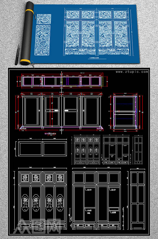 中式衣柜雕龙顶箱柜法式衣柜CAD
