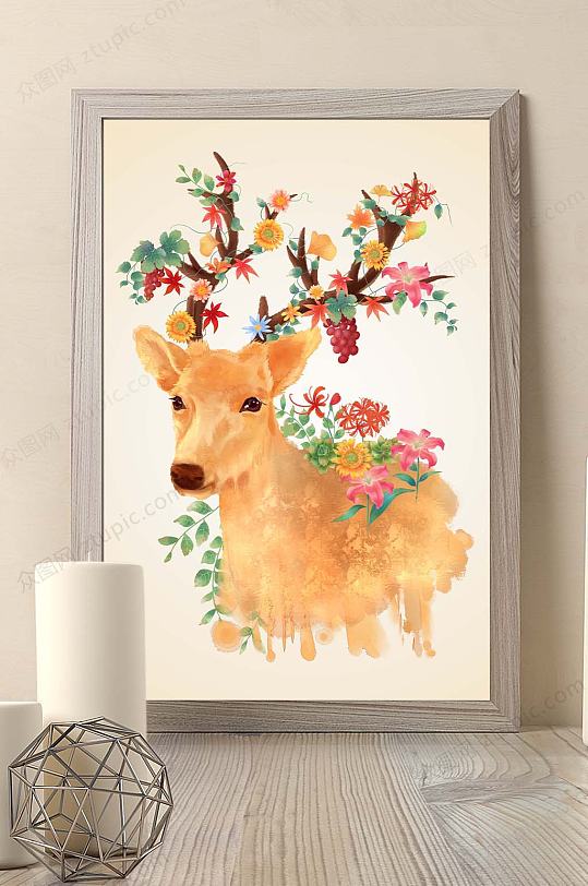 原创手绘麋鹿森林北欧无框画手绘鹿装饰画