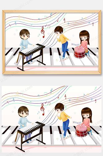 六一儿童节弹钢琴插画