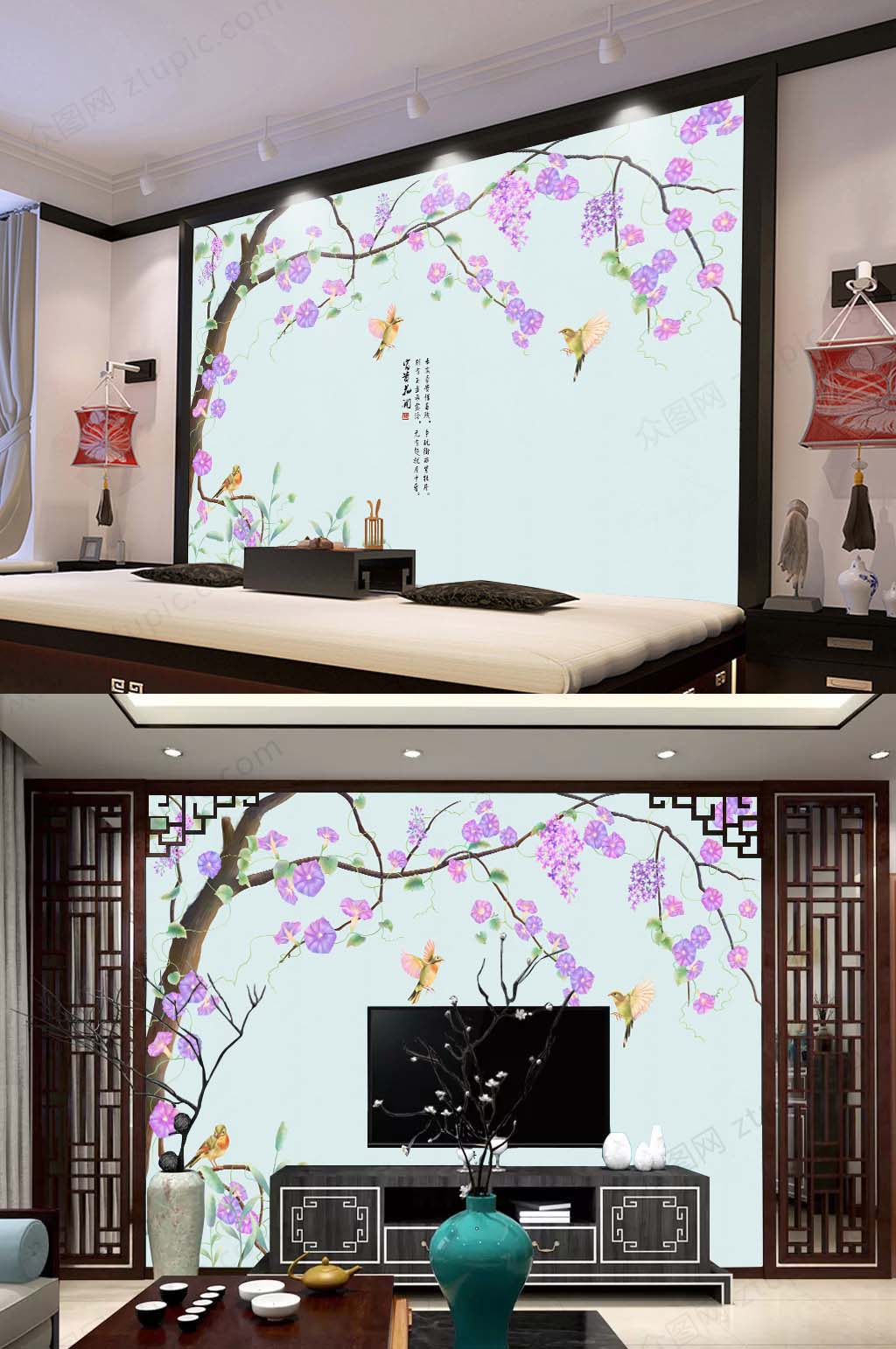 原创新中式牵牛花背景墙手绘水墨喇叭花素材