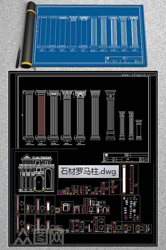 整木线条石材罗马柱CAD图库