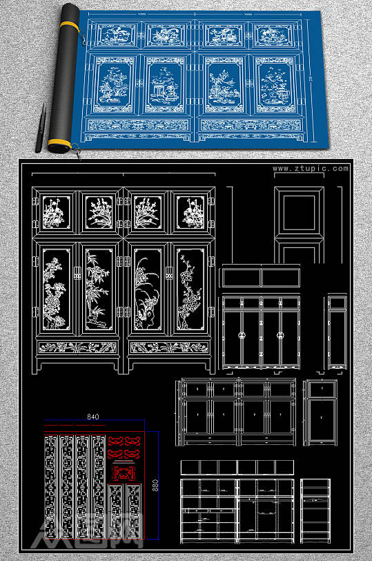 中式祥云大衣柜顶箱柜cad素材