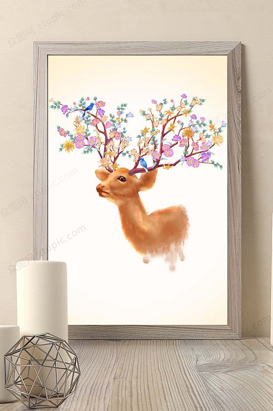 幸福金鹿手绘森林麋鹿玄关背景墙客厅走道装饰