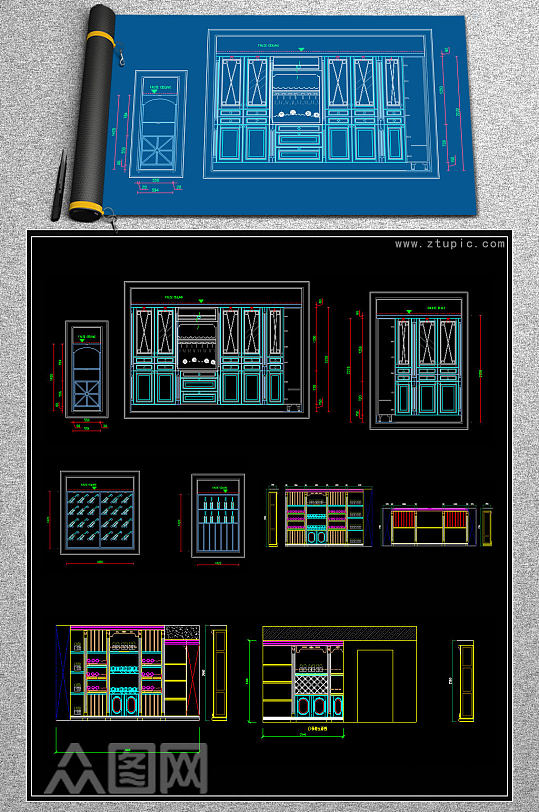 原创实木酒柜酒窖酒架酒格CAD设计模块