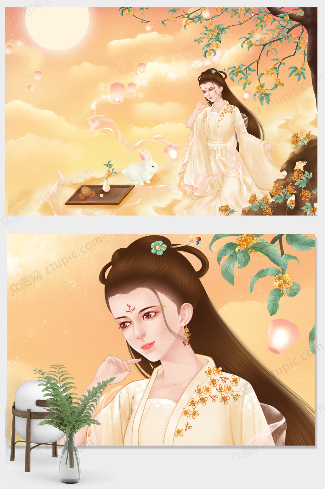 原创大气中秋节嫦娥奔月赏月商业插画设计素材