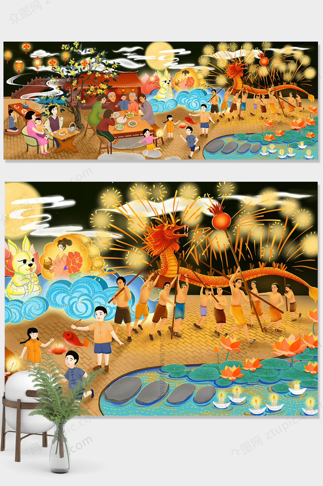 原创插画唯美中秋节商业插画设计素材