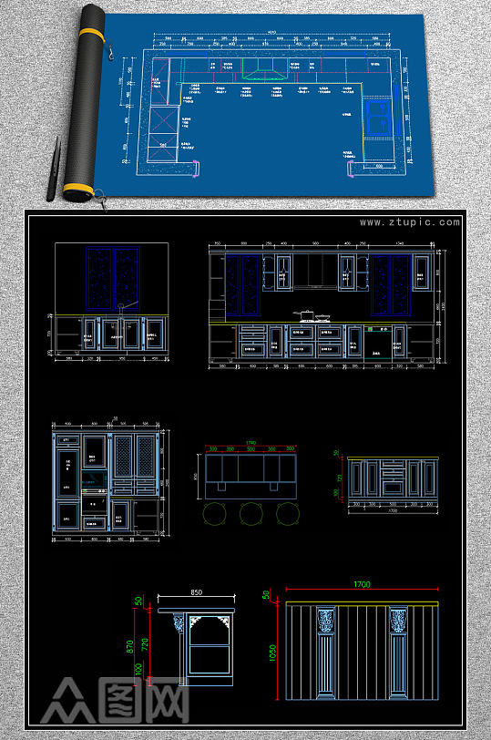 原创法式橱柜CAD图库橱柜设计素材