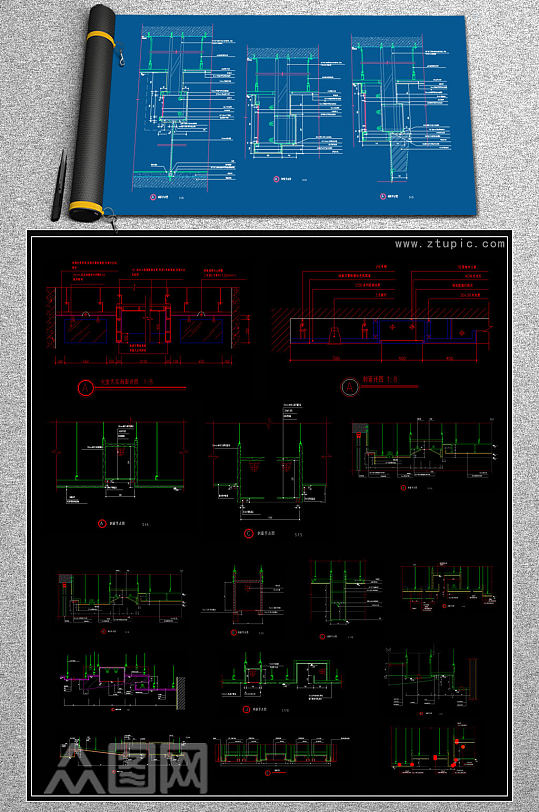 原创新中式天花吊顶玻璃CAD图库