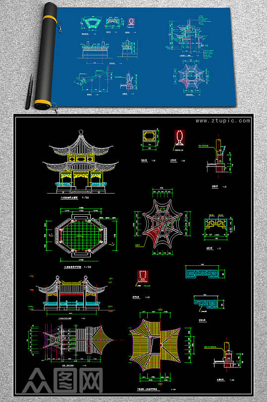 原创中式六角亭全套CAD施工图-众图网