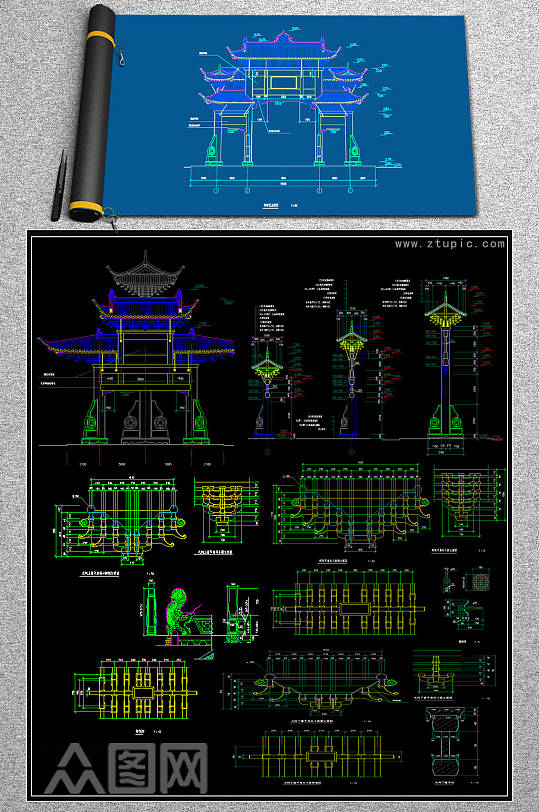 原创四柱五楼古建筑牌楼CAD图纸