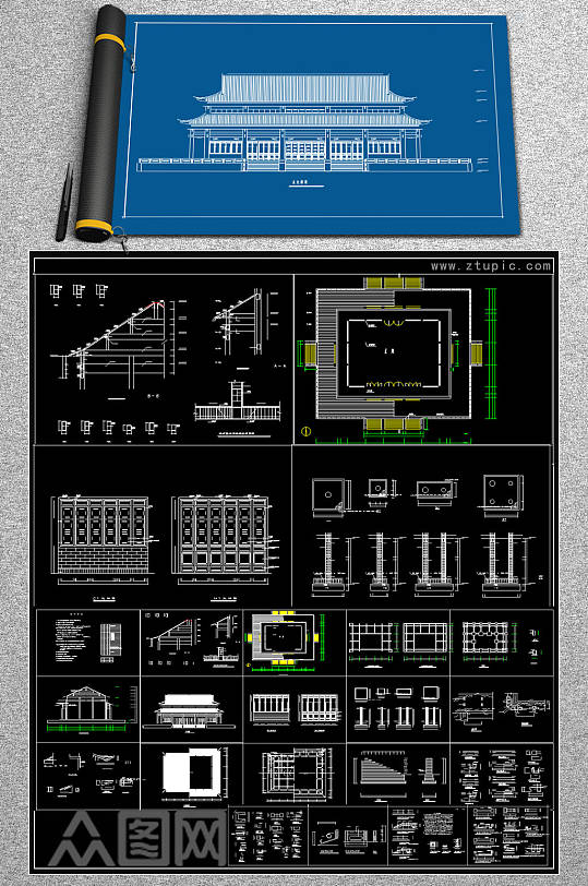 原创仿古建筑大殿建施CAD图纸
