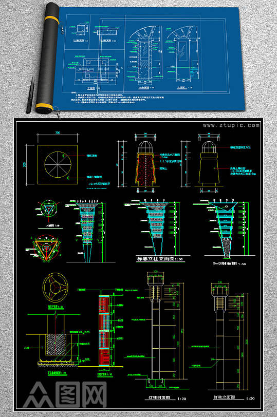 原创各式景观灯柱CAD施工图