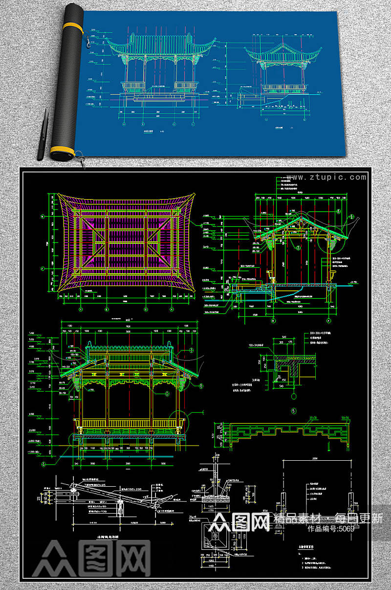 原创水谢、景桥古建建筑结构施工CAD图纸素材