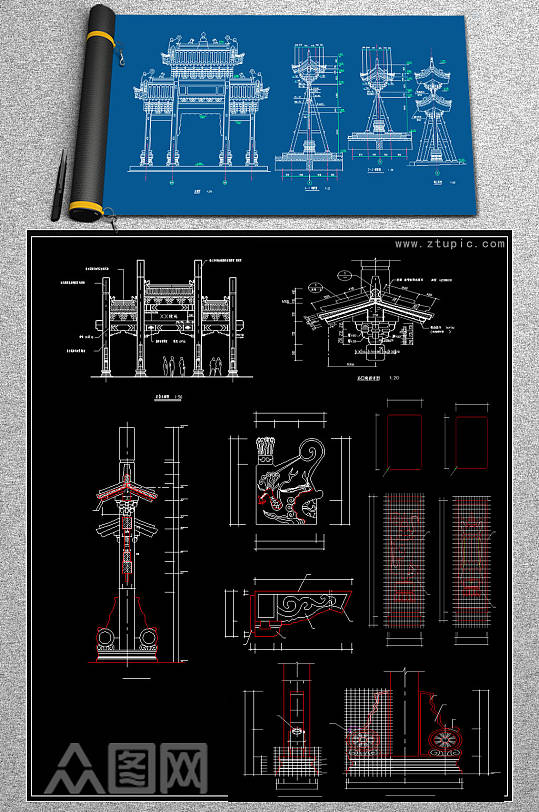 原创CAD古建牌坊牌楼设计施工图