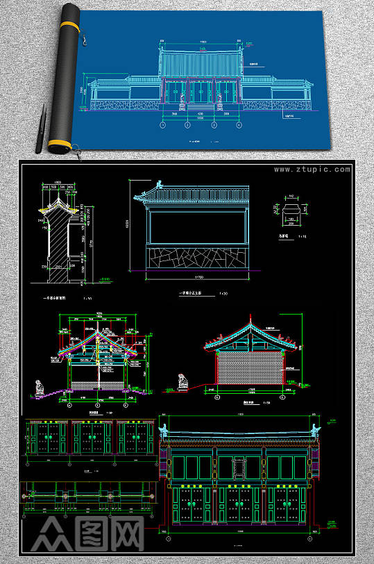 原创园林建筑檐角CAD设计立面图