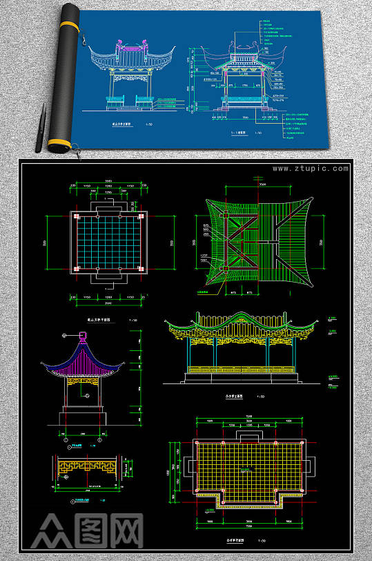 古式亭子CAD图纸.-众图网