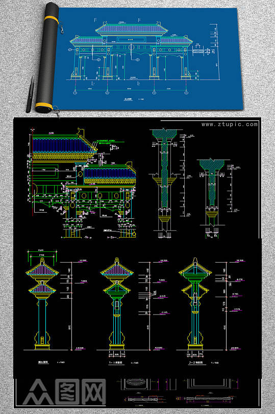 原创入口石牌楼建筑结构CAD图纸