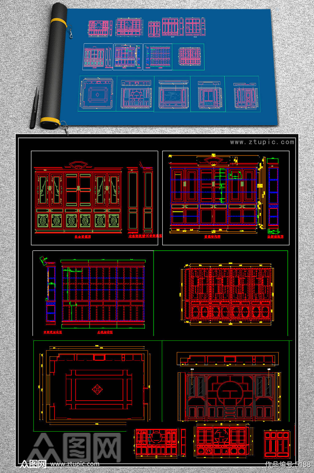 原创中式书柜CAD图库素材