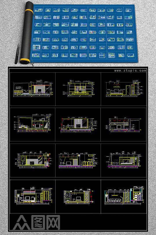 新款电视背景墙CAD素材-众图网