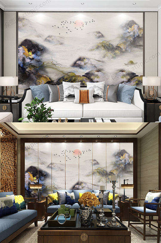 中式抽象山水背景墙-众图网