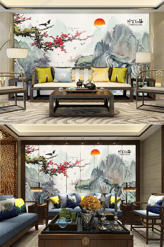 绿色山水背景墙-众图网