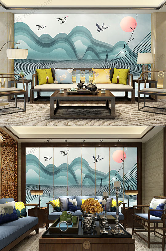 现代简约抽象山水背景墙-众图网