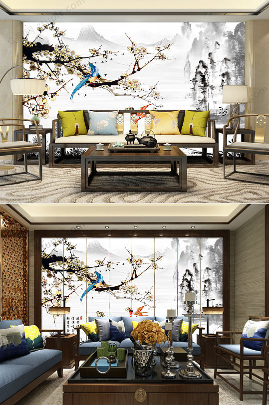 典雅水墨山清水秀背景墙-众图网