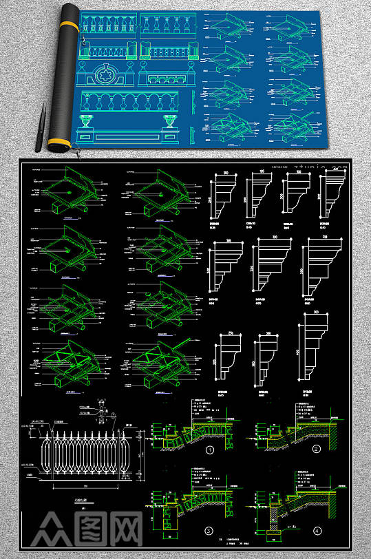 超全栏杆CAD图库