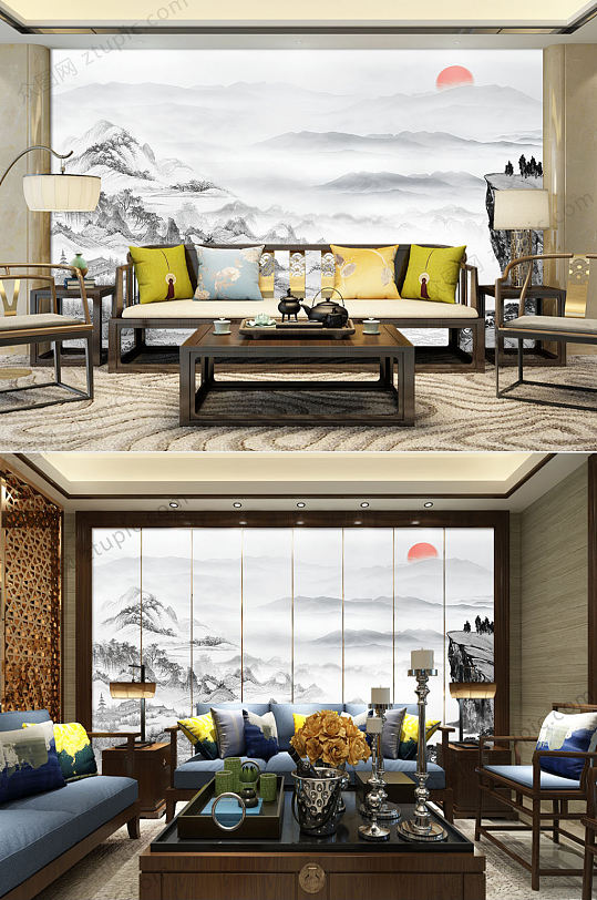 禅意水墨山水背景墙-众图网