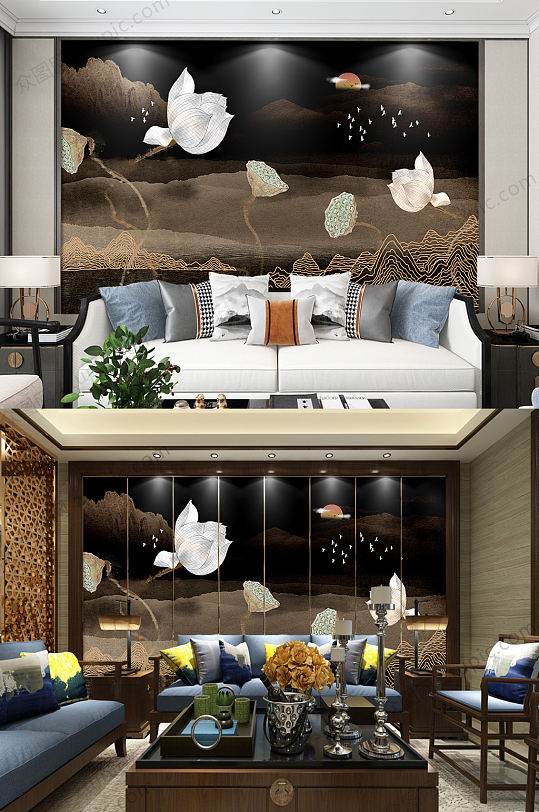 禅意荷花电视背景墙-众图网