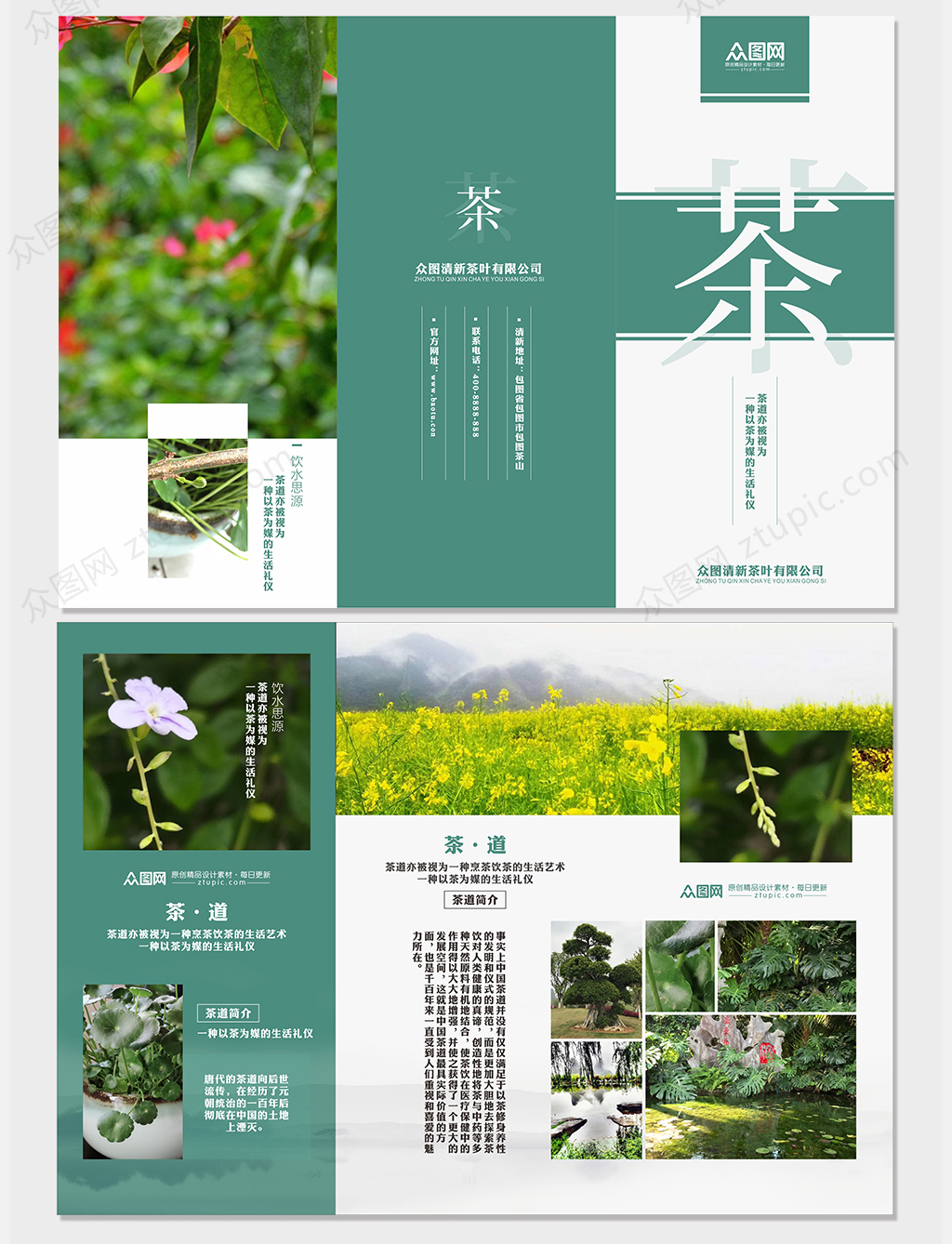 清新茶叶品牌植物绿叶三折页素材
