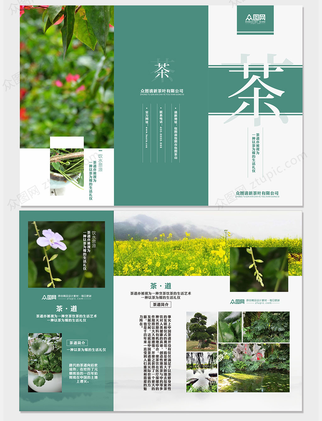 清新茶叶品牌植物绿叶三折页