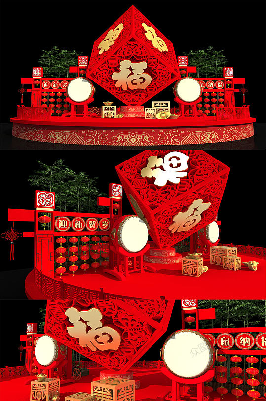 红色方盒春节装饰美陈设计-众图网