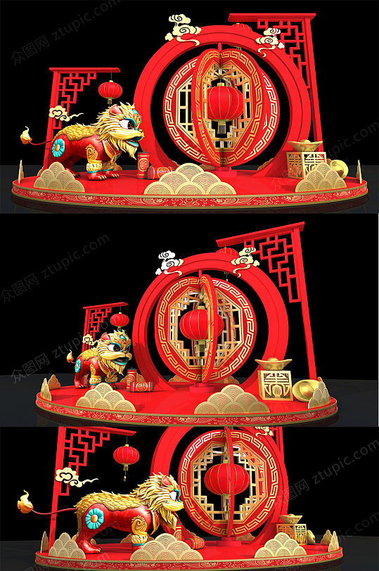 霸气狮子春节醒狮美陈设计-众图网