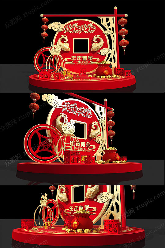 红色喜庆新年商场美陈开业DP设计效果图 开门红-众图网