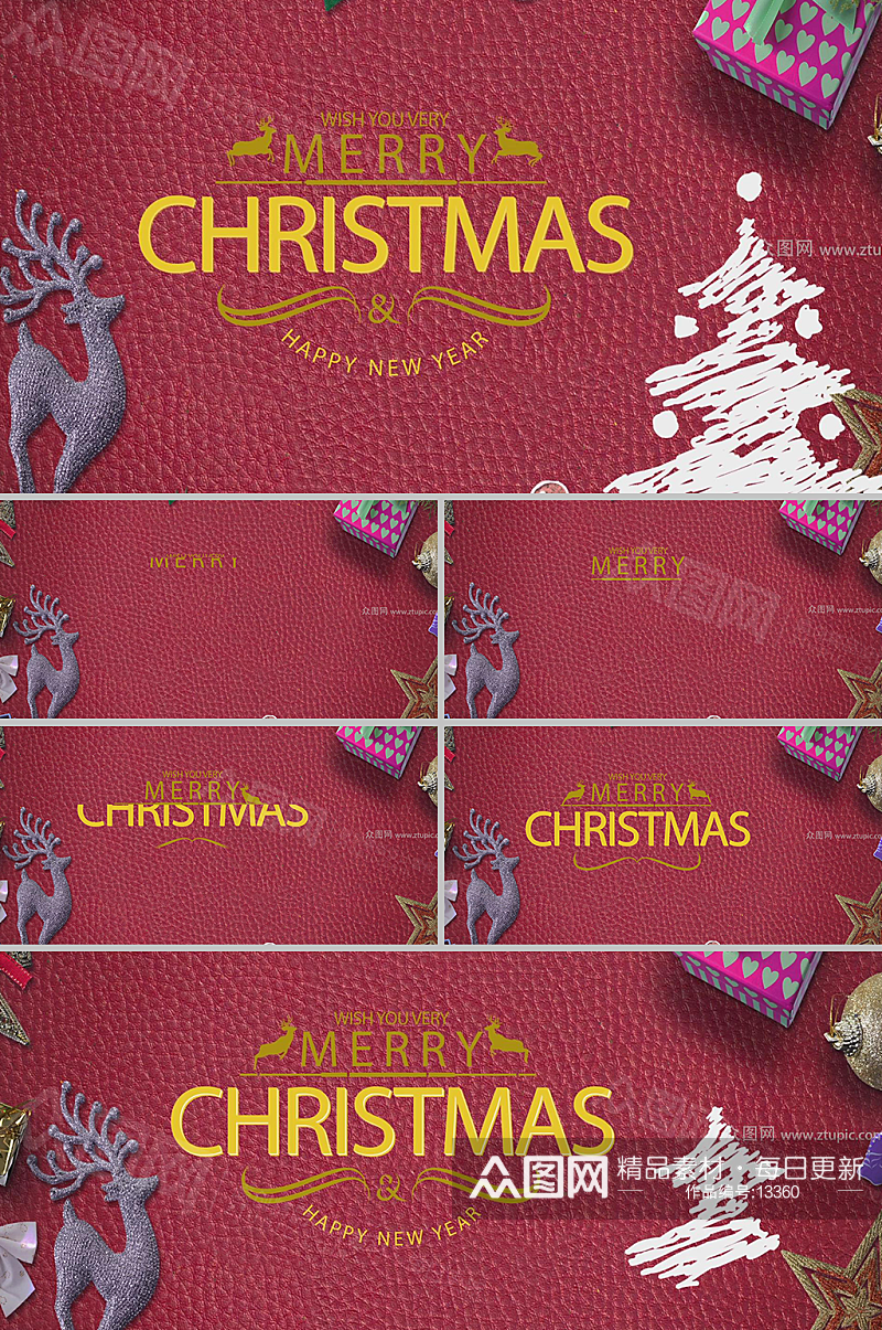 红色皮纹手绘圣诞树麋鹿元素圣诞AE模板素材