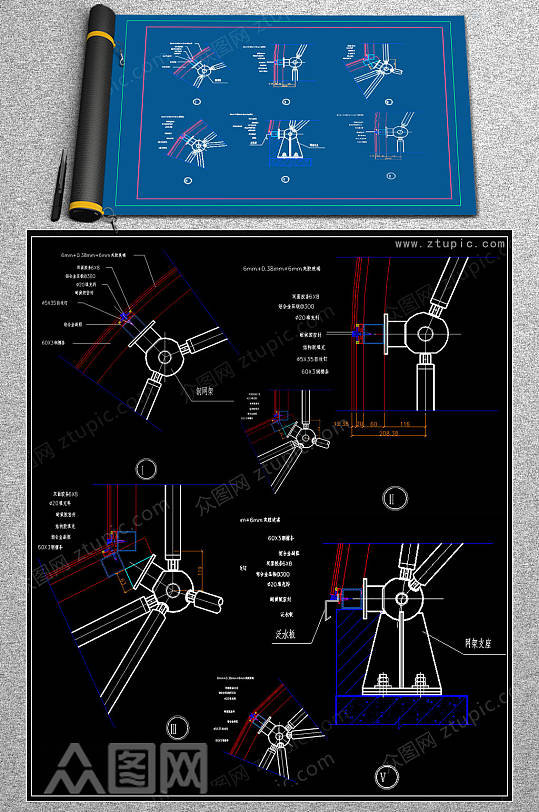 精品网架玻璃屋面CAD节点图-众图网