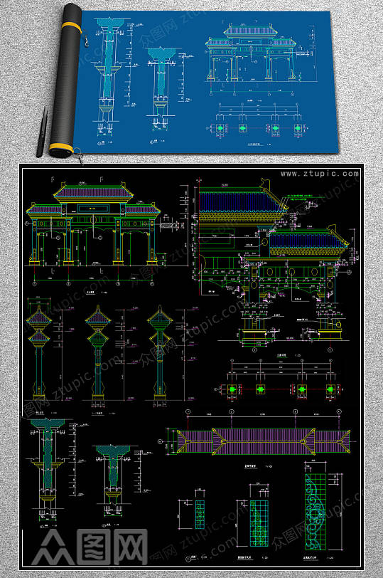 精品牌楼CAD施工图-众图网