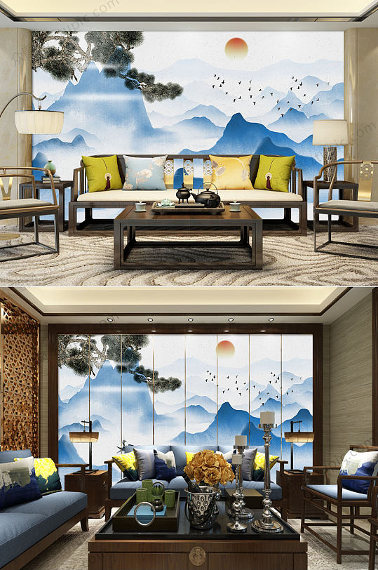 蓝色大气山水风景背景墙-众图网