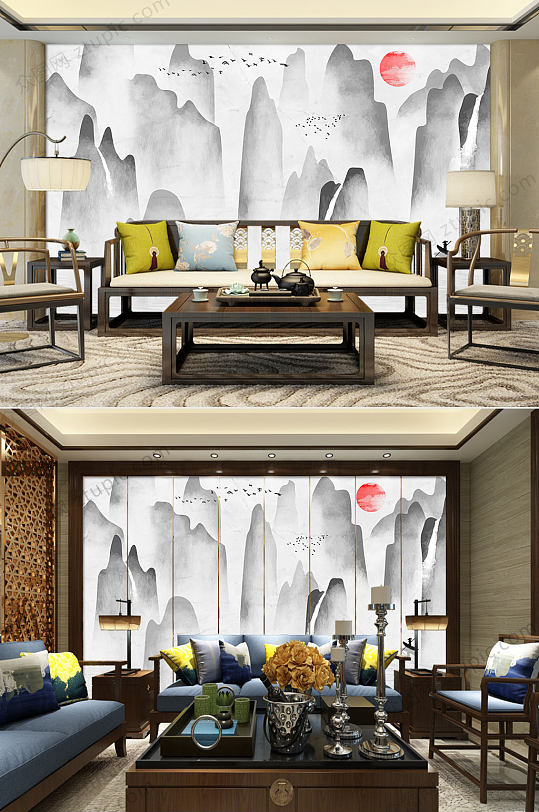 新中式水墨山水风景背景墙-众图网